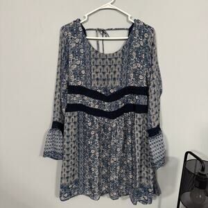 Maurices Blue & White Paisley Print Bell Sleeve Mini Dress Boho Women's Large
